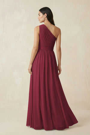 Berry One-Shoulder Pleated Chiffon Bridesmaid Gown (2) | KISSBRIDAL