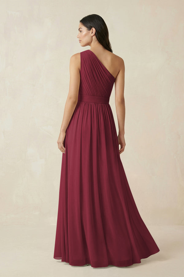 Berry One-Shoulder Pleated Chiffon Bridesmaid Gown (2) | KISSBRIDAL