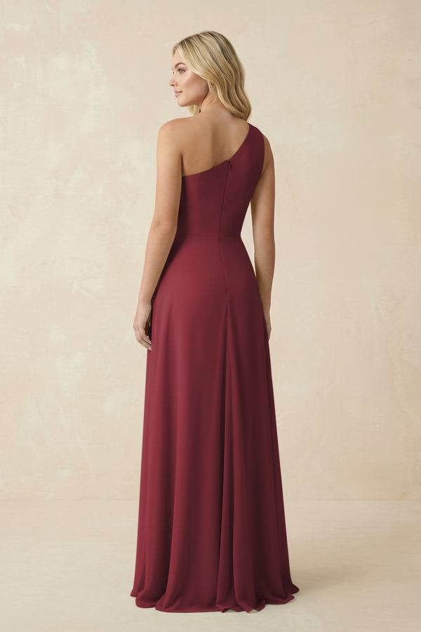 Berry One-Shoulder Ruched A-Line Chiffon Bridesmaid Dress (2) | KISSBRIDAL