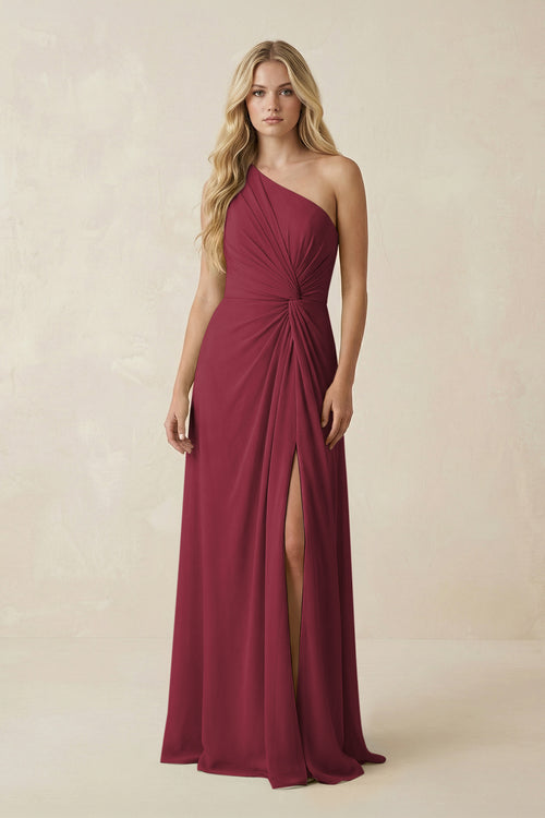 Berry One-Shoulder Ruched A-Line Chiffon Bridesmaid Dress | KISSBRIDAL