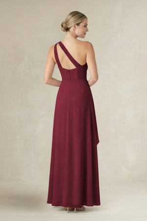 Berry One-Shoulder Sheath Ruched Ruffled Bridesmaid Dress in Berry (2) | KISSBRIDAL