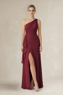 Berry One-Shoulder Sheath Ruched Ruffled Bridesmaid Dress in Berry | KISSBRIDAL