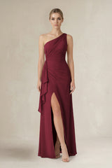 Berry One-Shoulder Sheath Ruched Ruffled Bridesmaid Dress in Berry | KISSBRIDAL