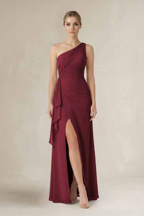 Berry One-Shoulder Sheath Ruched Ruffled Bridesmaid Dress in Berry | KISSBRIDAL