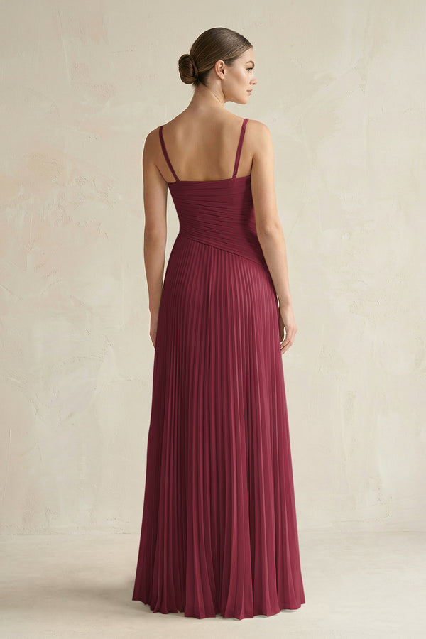 Berry Pleated A-Line Long Chiffon Bridesmaid Dress (2) | KISSBRIDAL