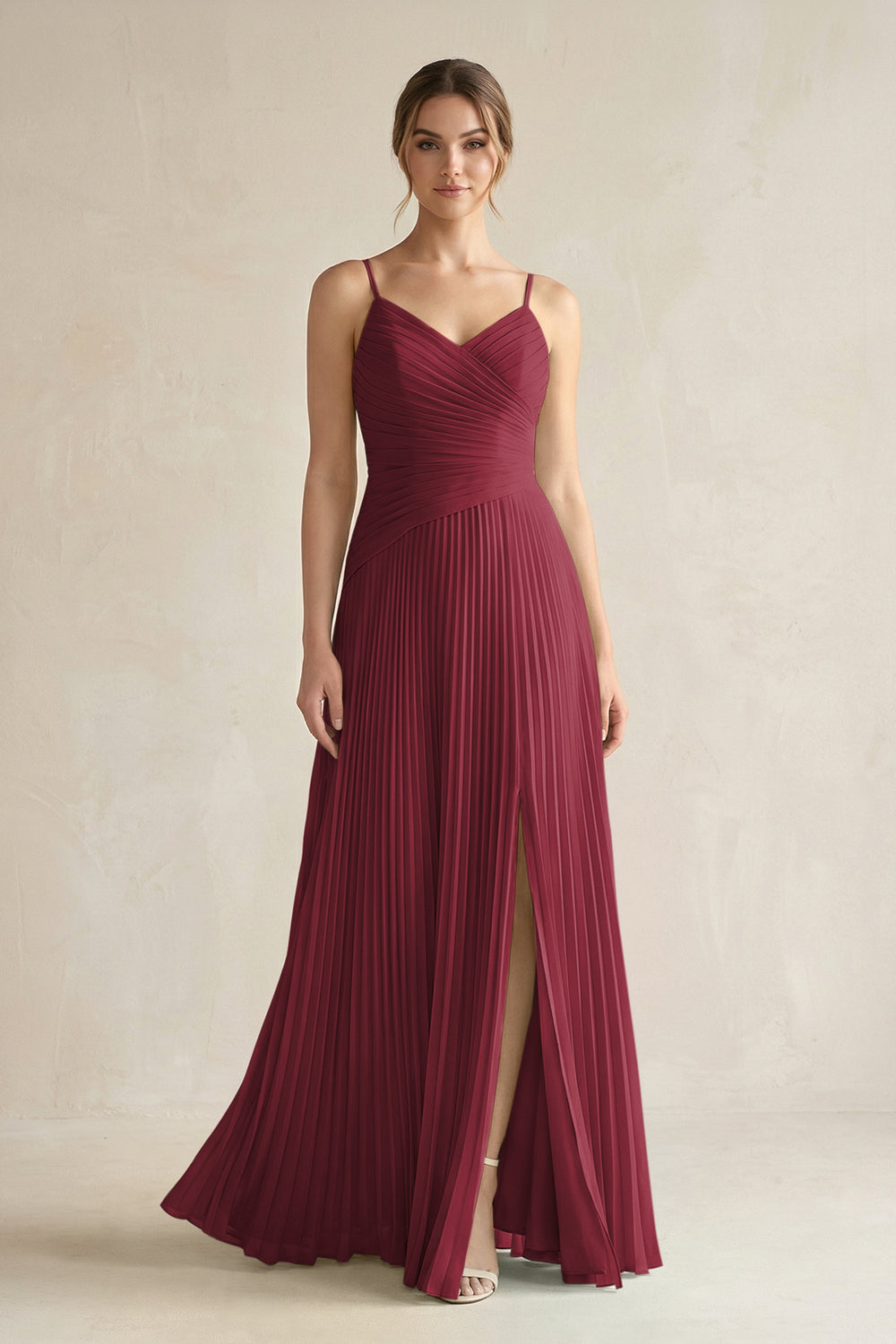 Pleated A-Line Long Chiffon Bridesmaid Dress in Berry