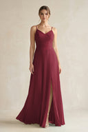 Berry Pleated A-Line Long Chiffon Bridesmaid Dress | KISSBRIDAL