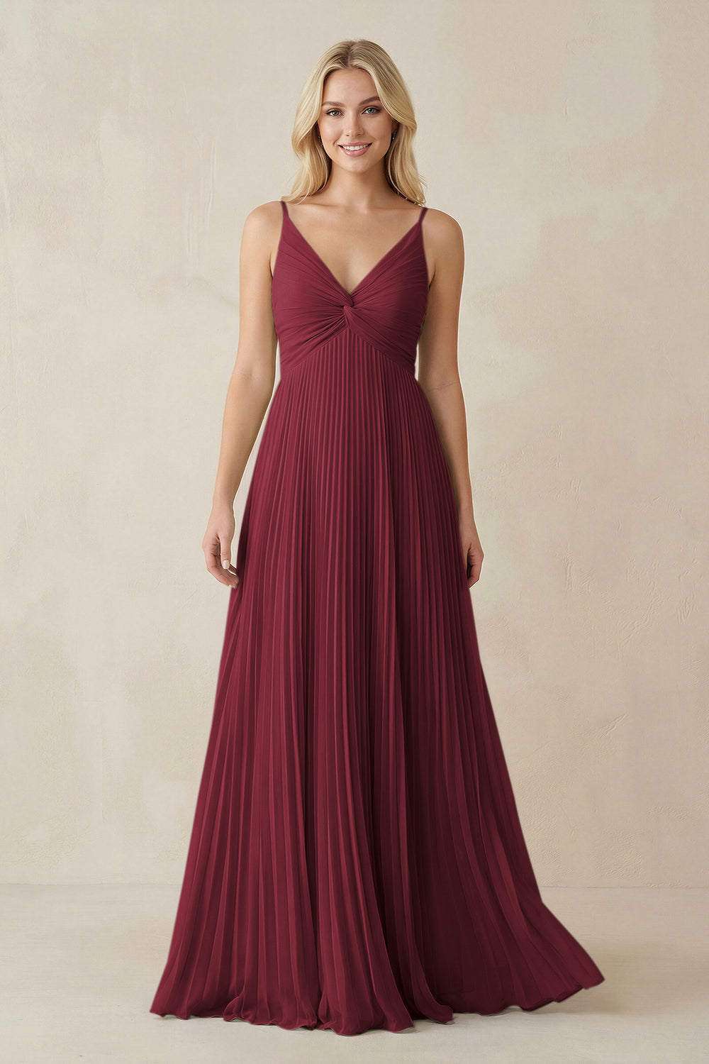 Pleated V-Neck A-Line Chiffon Bridesmaid Dress in Berry