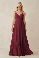 Berry Pleated V-Neck A-Line Chiffon Bridesmaid Dress | KISSBRIDAL