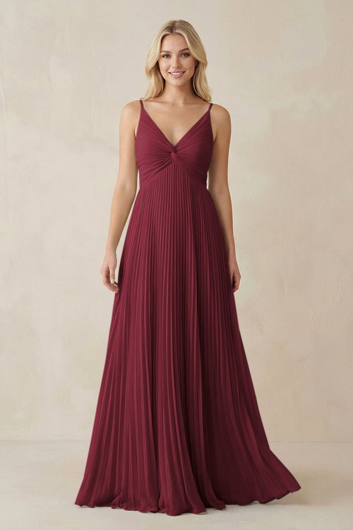 Berry Pleated V-Neck A-Line Chiffon Bridesmaid Dress | KISSBRIDAL