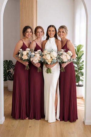 Berry Pleated V-Neck A-Line Chiffon Bridesmaid Dress | KISSBRIDAL