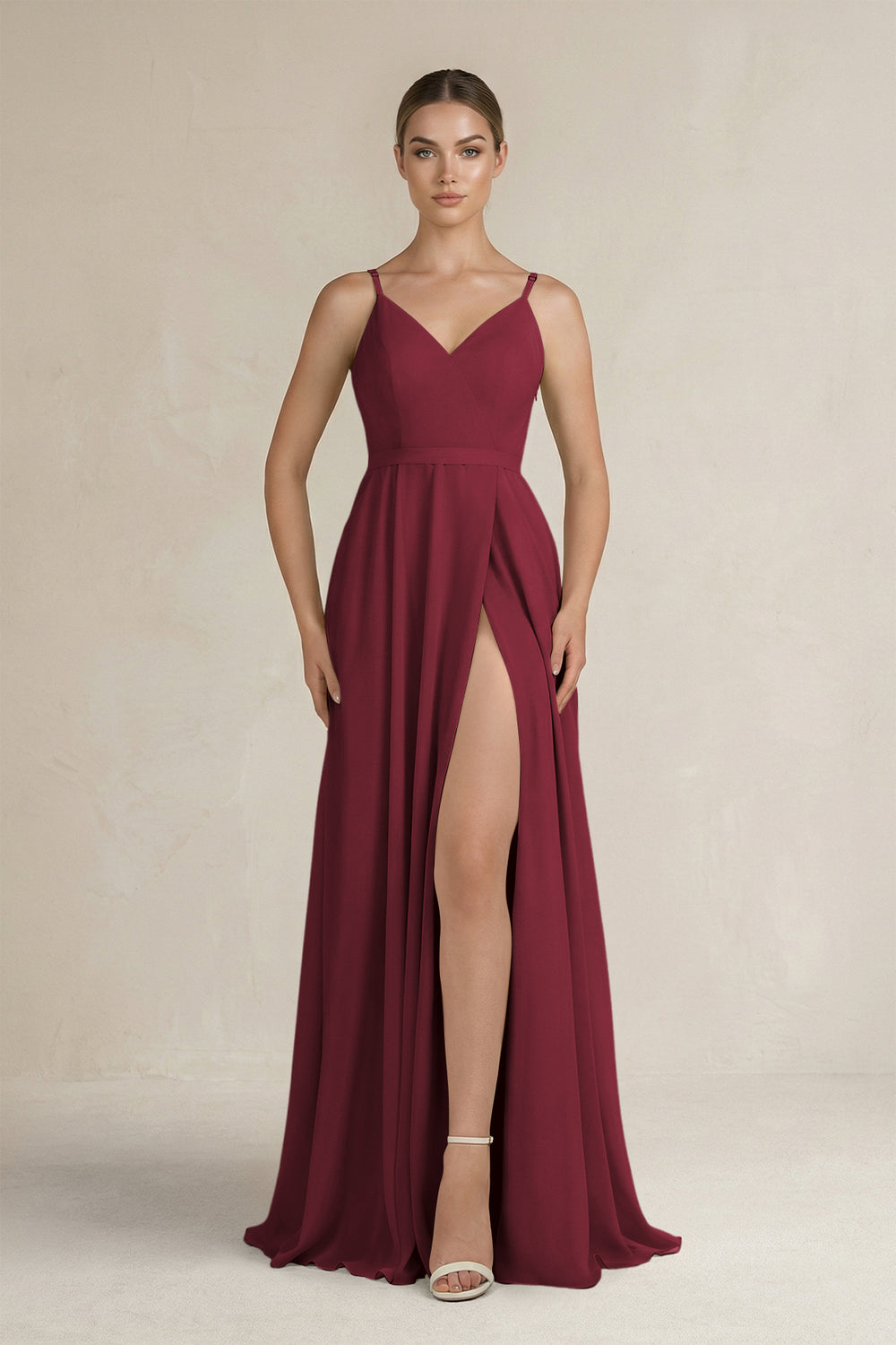 Ruched A-Line Chiffon Bridesmaid Dress with Slit in Berry