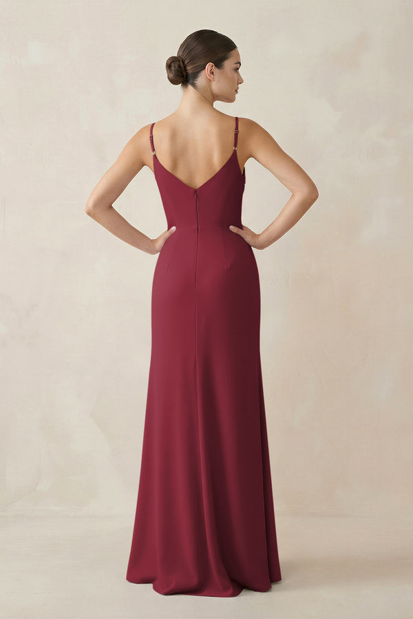 Berry Ruched Sheath Spaghetti Strap Chiffon Bridesmaid Dress (2) | KISSBRIDAL