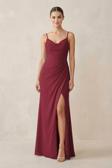 Berry Ruched Sheath Spaghetti Strap Chiffon Bridesmaid Dress | KISSBRIDAL