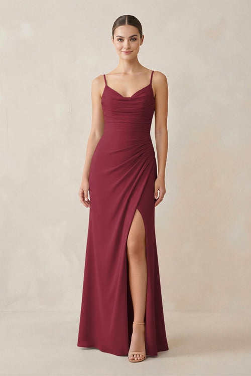 Berry Ruched Sheath Spaghetti Strap Chiffon Bridesmaid Dress | KISSBRIDAL