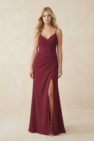 Berry Ruched Sheath Spaghetti Strap Chiffon Bridesmaid Dress | KISSBRIDAL