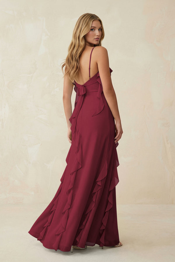 Berry Ruffled Cami Strap Chiffon Sheath Bridesmaid Dress (2) | KISSBRIDAL