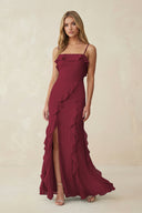 Berry Ruffled Cami Strap Chiffon Sheath Bridesmaid Dress | KISSBRIDAL