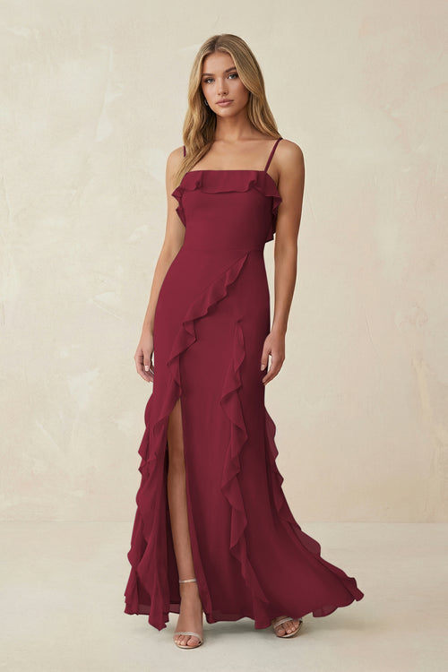 Berry Ruffled Cami Strap Chiffon Sheath Bridesmaid Dress | KISSBRIDAL