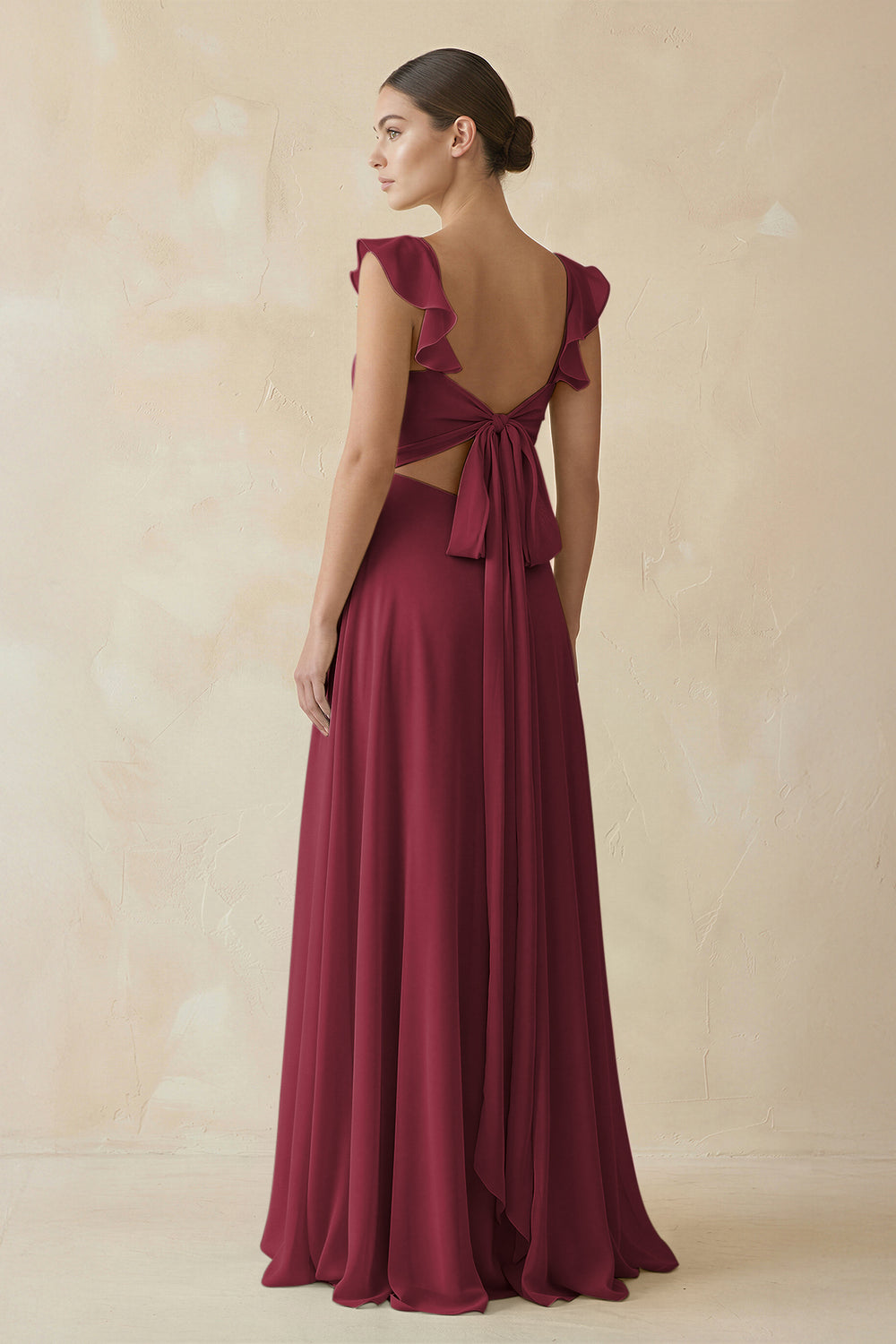 Ruffled Chiffon A-Line Long Bridesmaid Dress in Berry