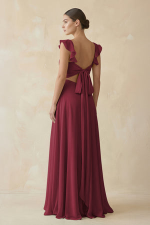 Berry Ruffled Chiffon A-Line Long Bridesmaid Dress (2) | KISSBRIDAL