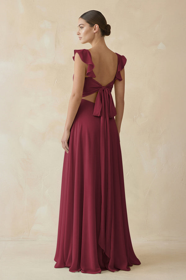 Berry Ruffled Chiffon A-Line Long Bridesmaid Dress (2) | KISSBRIDAL