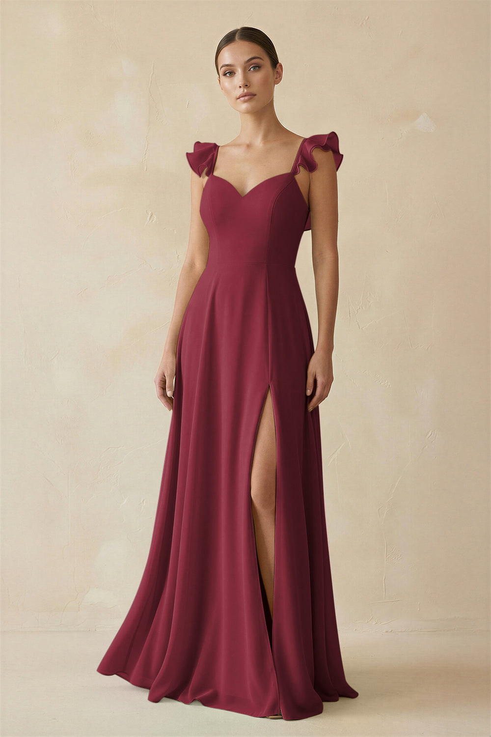 Ruffled Chiffon A-Line Long Bridesmaid Dress in Berry