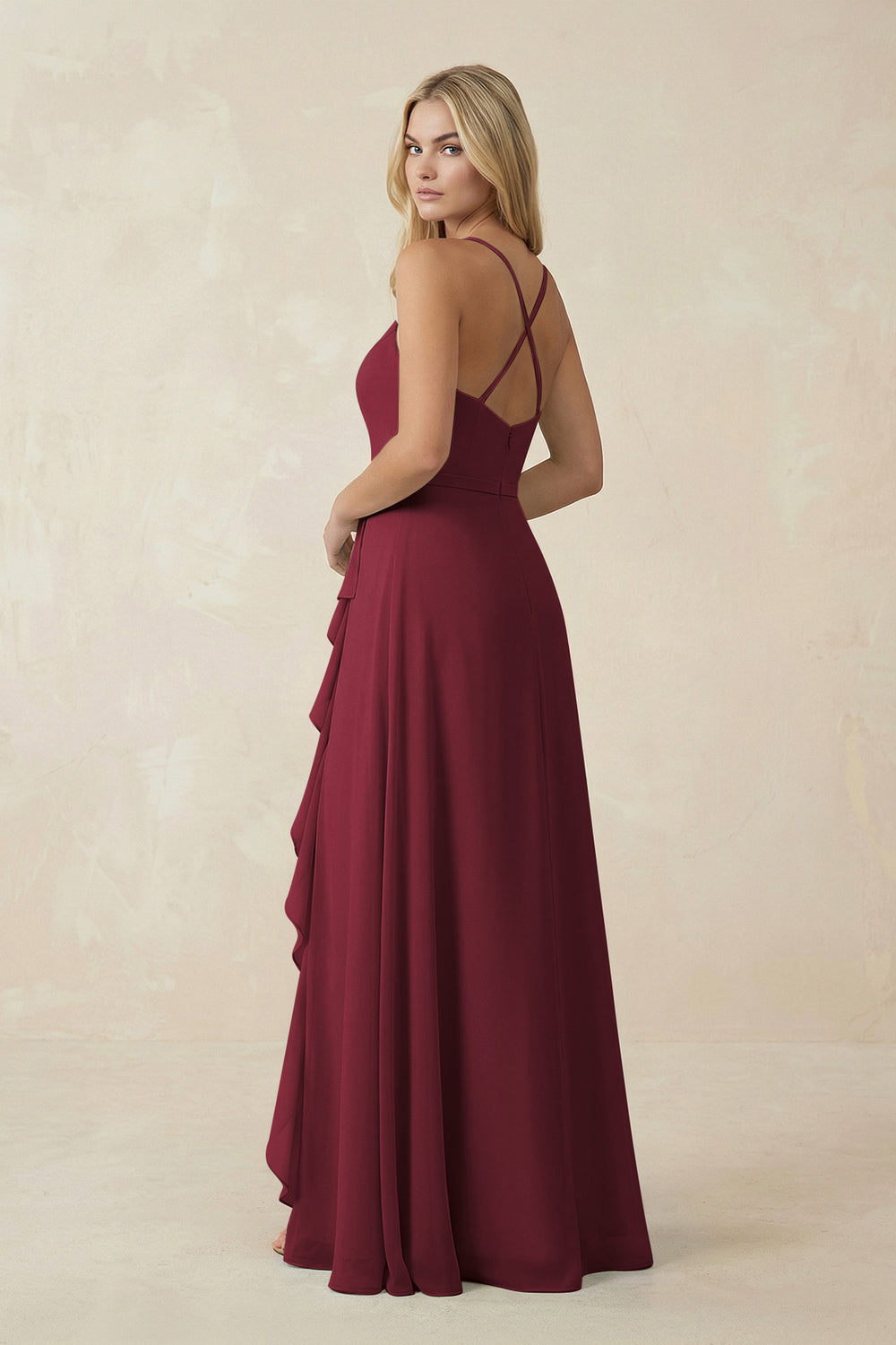 Ruffled Hem A-Line Chiffon Bridesmaid Dress in Berry
