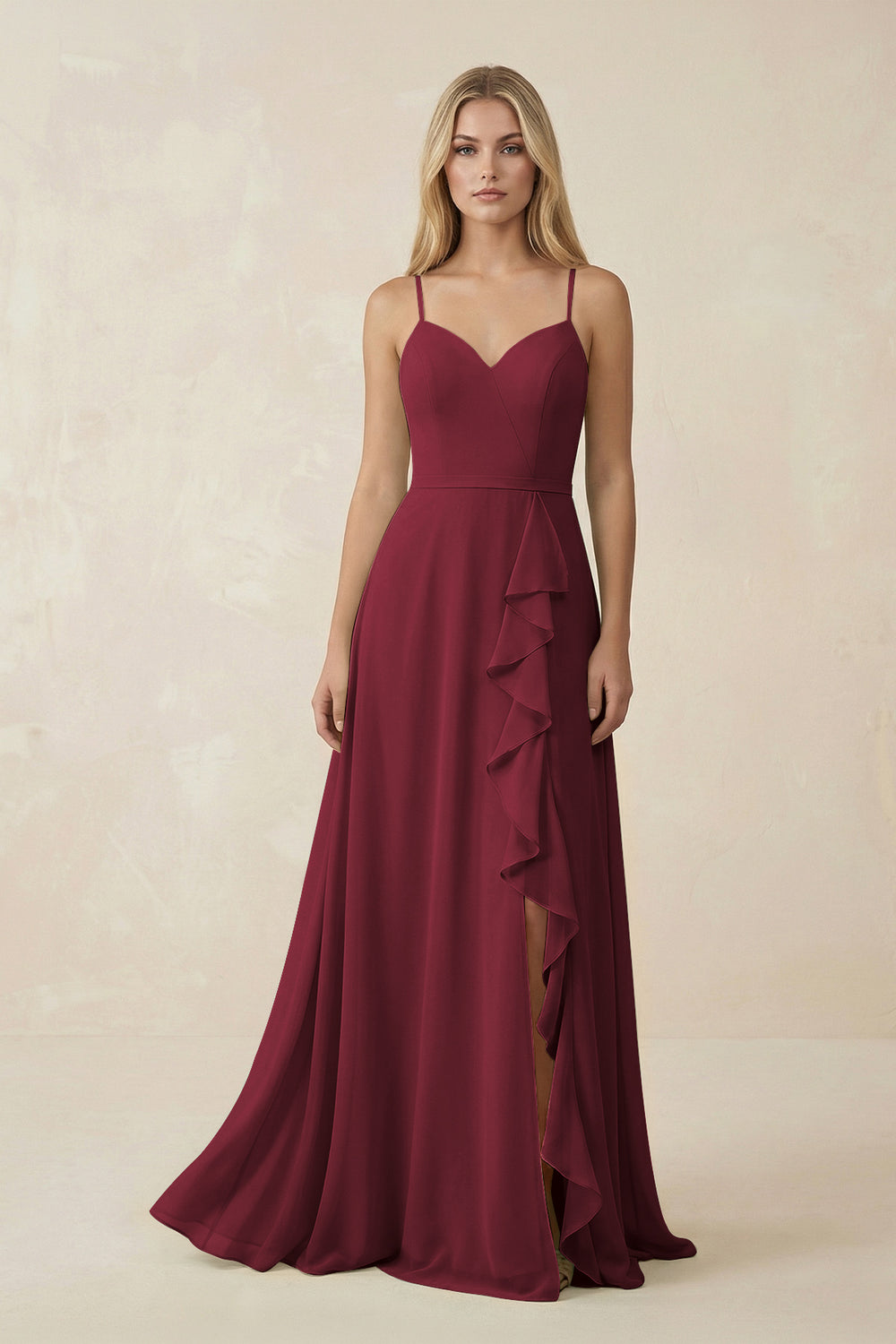 Ruffled Hem A-Line Chiffon Bridesmaid Dress in Berry