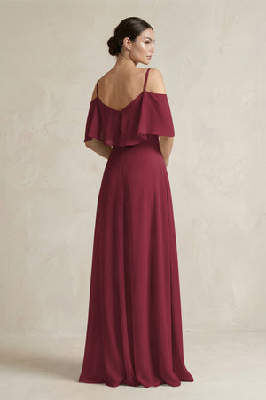 Berry Ruffled Off-the-Shoulder A-Line Chiffon Bridesmaid Gown (2) | KISSBRIDAL