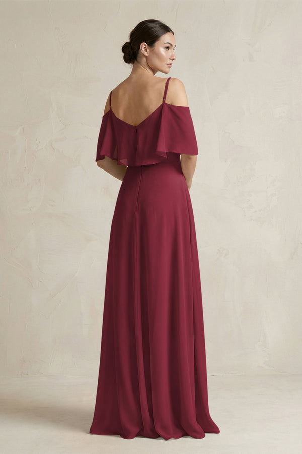 Berry Ruffled Off-the-Shoulder A-Line Chiffon Bridesmaid Gown (2) | KISSBRIDAL