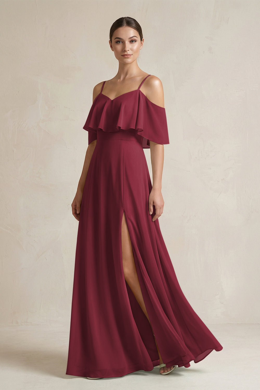 Ruffled Off-the-Shoulder A-Line Chiffon Bridesmaid Gown in Berry