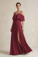 Berry Ruffled Off-the-Shoulder A-Line Chiffon Bridesmaid Gown | KISSBRIDAL