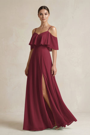 Berry Ruffled Off-the-Shoulder A-Line Chiffon Bridesmaid Gown | KISSBRIDAL