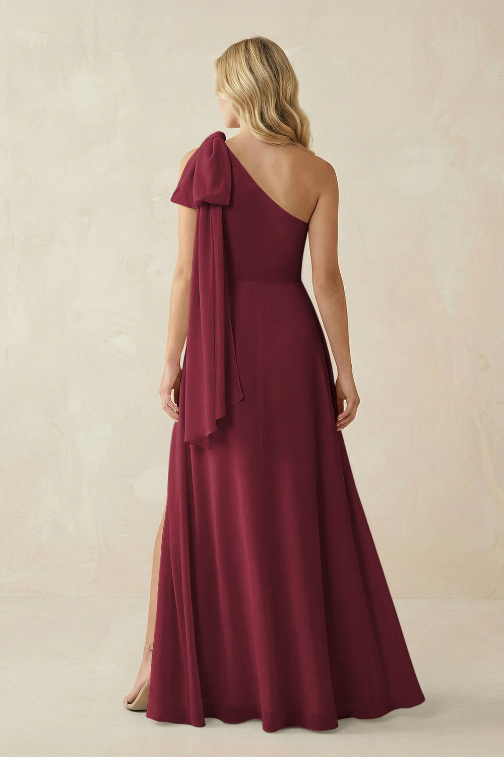 Ruffled One Shoulder Chiffon Bridesmaid Dress With Slit in Berry