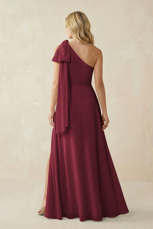 Berry Ruffled One Shoulder Chiffon Bridesmaid Dress With Slit in Berry (2) | KISSBRIDAL
