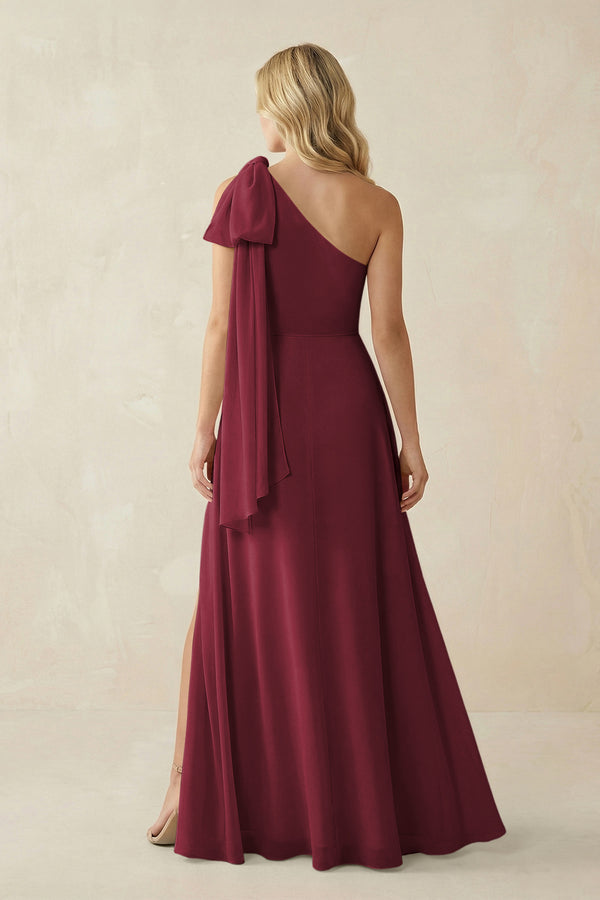 Berry Ruffled One Shoulder Chiffon Bridesmaid Dress With Slit in Berry (2) | KISSBRIDAL