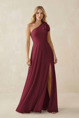 Berry Ruffled One Shoulder Chiffon Bridesmaid Dress With Slit in Berry | KISSBRIDAL