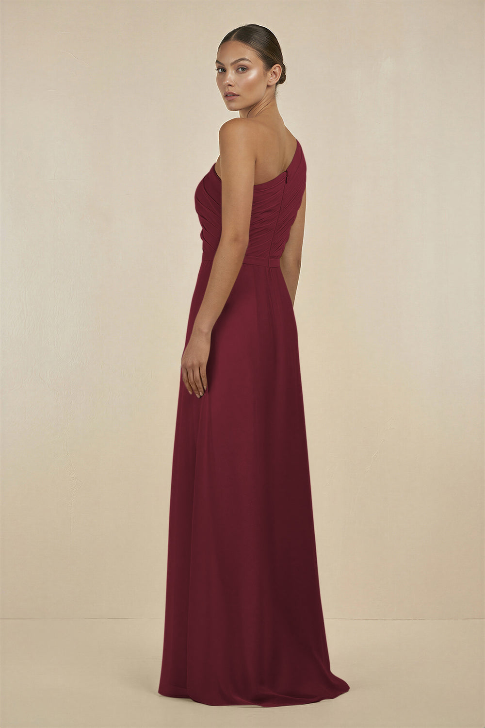 Ruffled One-Shoulder Pleated Sheath Bridesmaid Dress in Berry