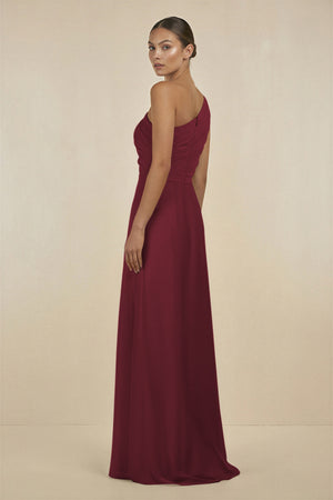 Berry Ruffled One-Shoulder Pleated Sheath Bridesmaid Dress (2) | KISSBRIDAL
