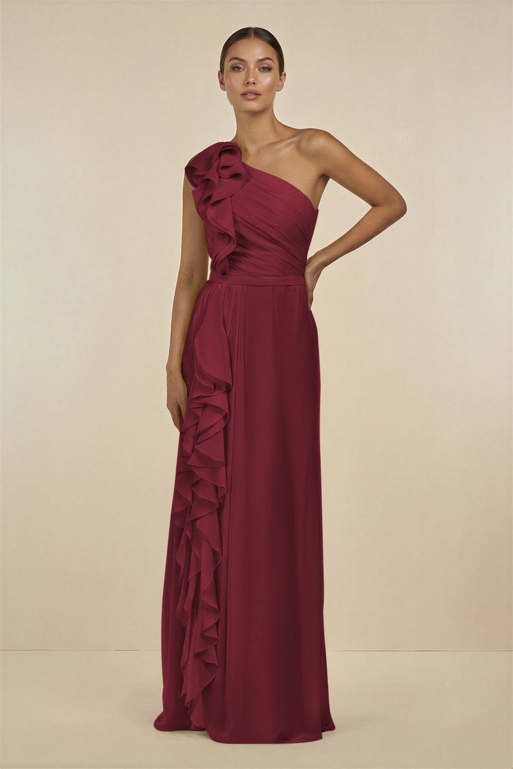 Ruffled One-Shoulder Pleated Sheath Bridesmaid Dress in Berry