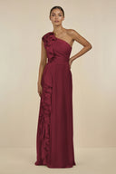 Berry Ruffled One-Shoulder Pleated Sheath Bridesmaid Dress | KISSBRIDAL