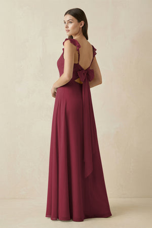 Berry Ruffled Sleeve A-Line Chiffon Bridesmaid Dress (2) | KISSBRIDAL