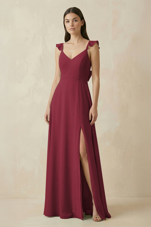 Berry Ruffled Sleeve A-Line Chiffon Bridesmaid Dress | KISSBRIDAL