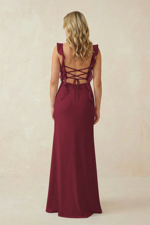 Berry Ruffled Sleeve Ruched Sheath Chiffon Bridesmaid Dress (2) | KISSBRIDAL