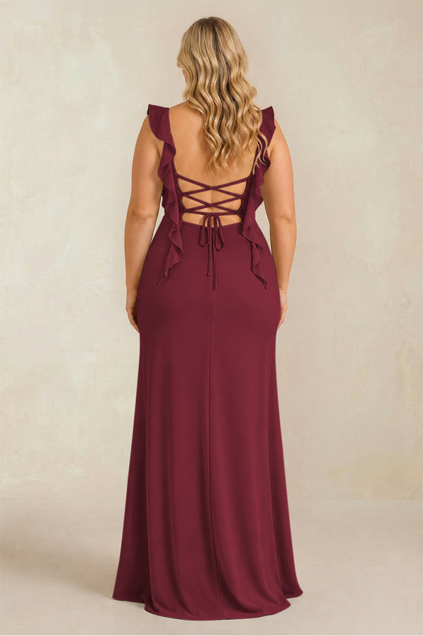 Berry Ruffled Sleeve Ruched Sheath Chiffon Bridesmaid Dress (2) [sizeplus] | KISSBRIDAL