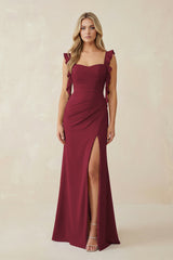 Berry Ruffled Sleeve Ruched Sheath Chiffon Bridesmaid Dress | KISSBRIDAL