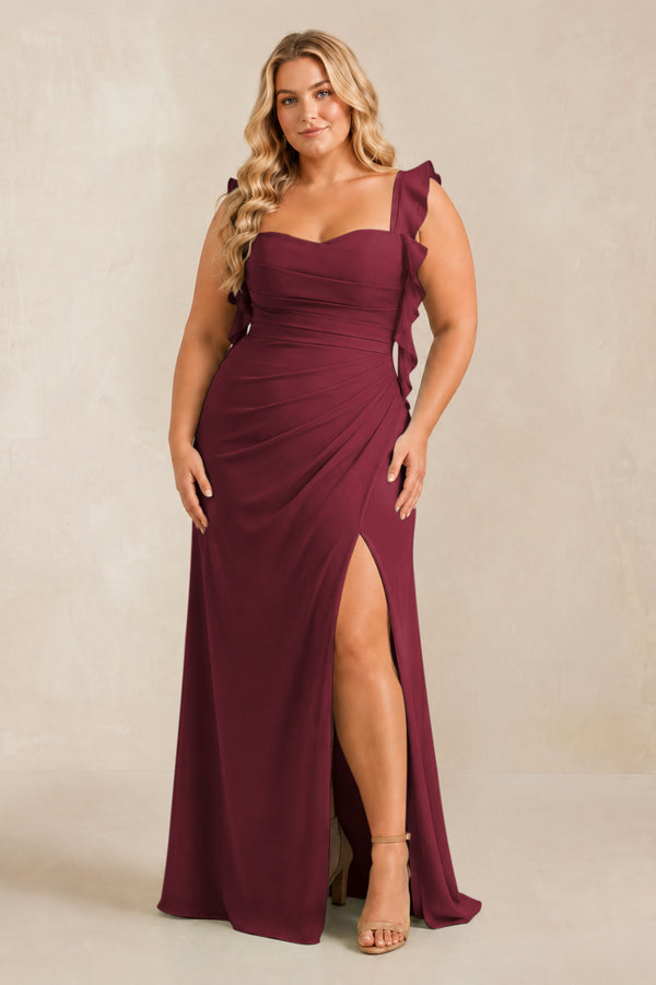 Berry Ruffled Sleeve Ruched Sheath Chiffon Bridesmaid Dress [sizeplus] | KISSBRIDAL