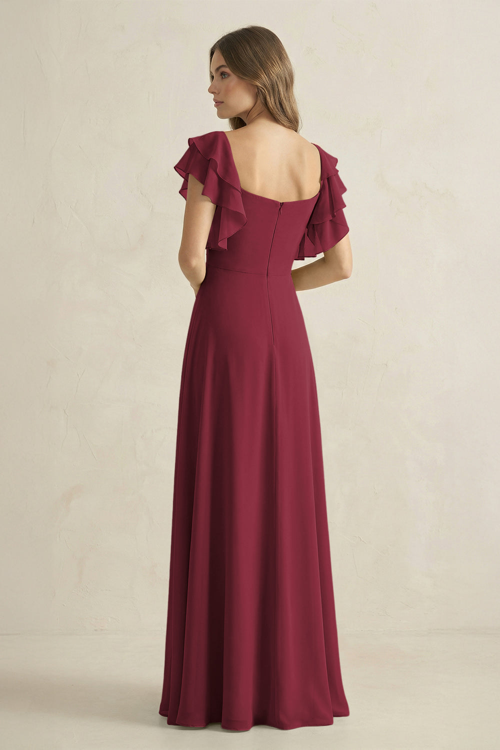Ruffled Sleeves A-Line Chiffon Bridesmaid Dress in Berry