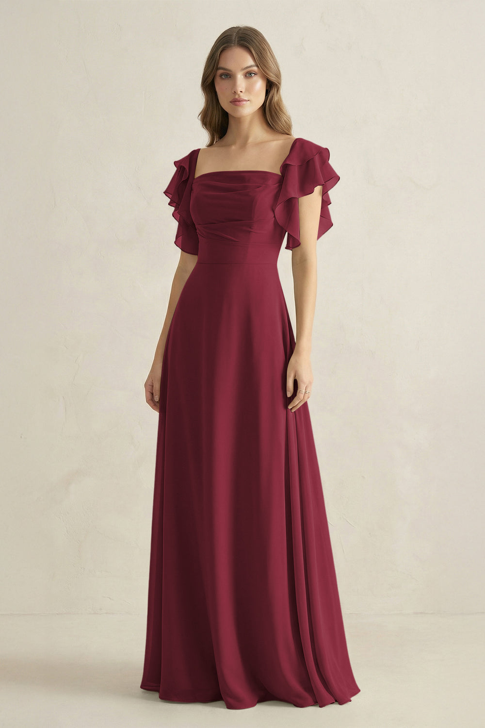 Ruffled Sleeves A-Line Chiffon Bridesmaid Dress in Berry